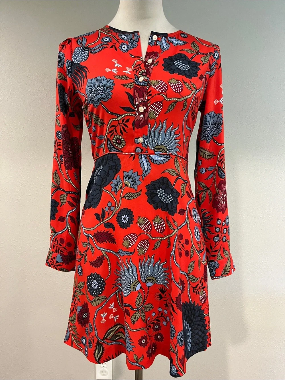 LOFT Red Floral Long-Sleeve fit‎ & flare mini Dress size 00P